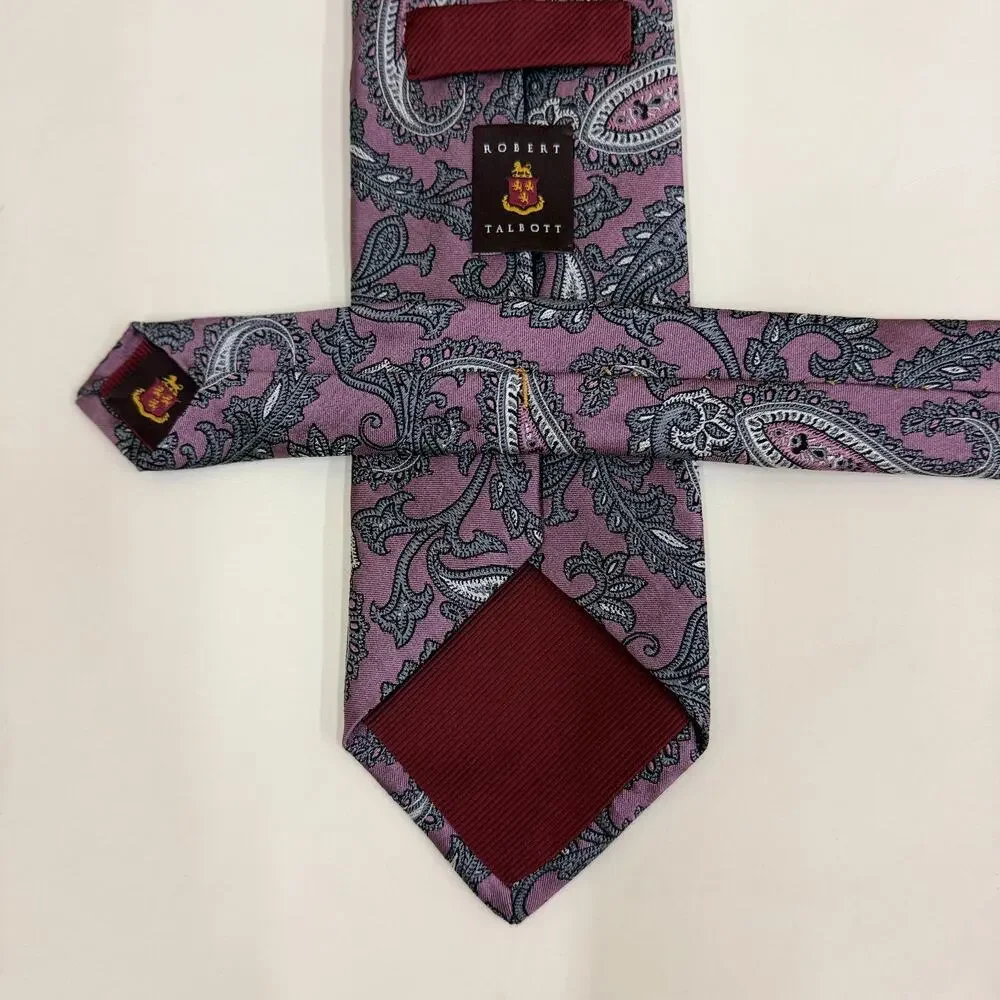 Robert Talbott Mauve Purple Gray Paisley 100% Silk Tie Men's Burgundy Tipped Cla